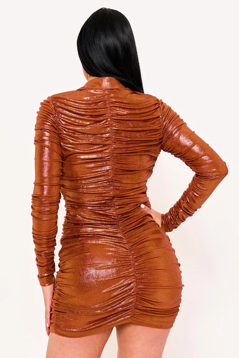 Slinky Foil Mini Dress – Pleated Deep V Neck, Long Sleeve BOUTINIE