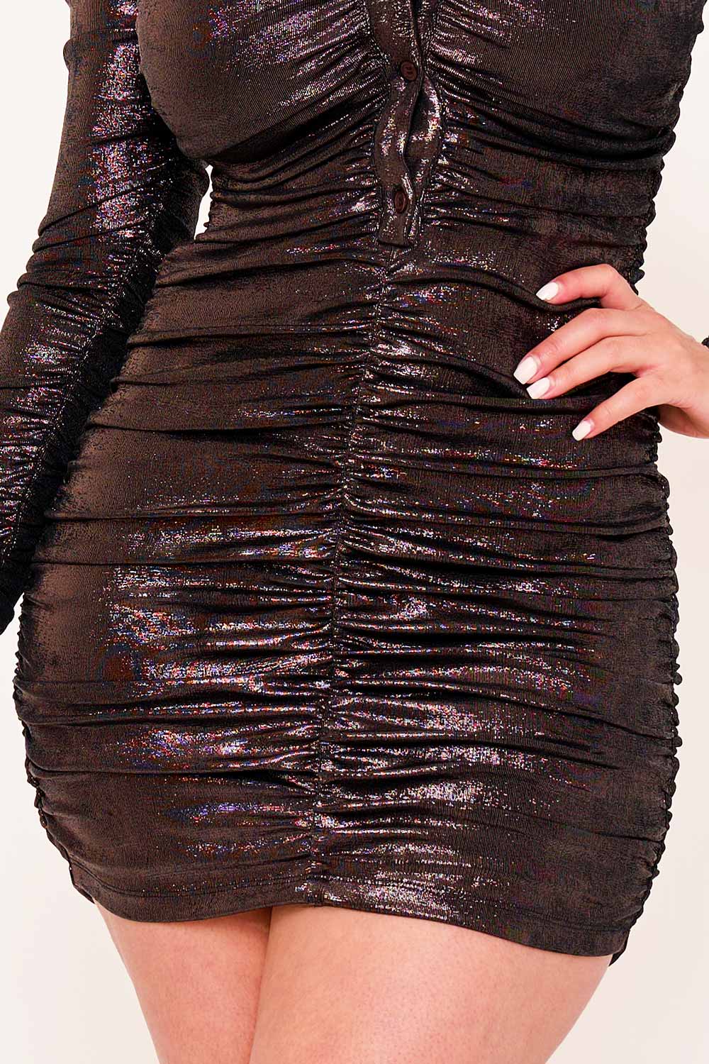 Slinky Foil Mini Dress – Pleated Deep V Neck, Long Sleeve BOUTINIE