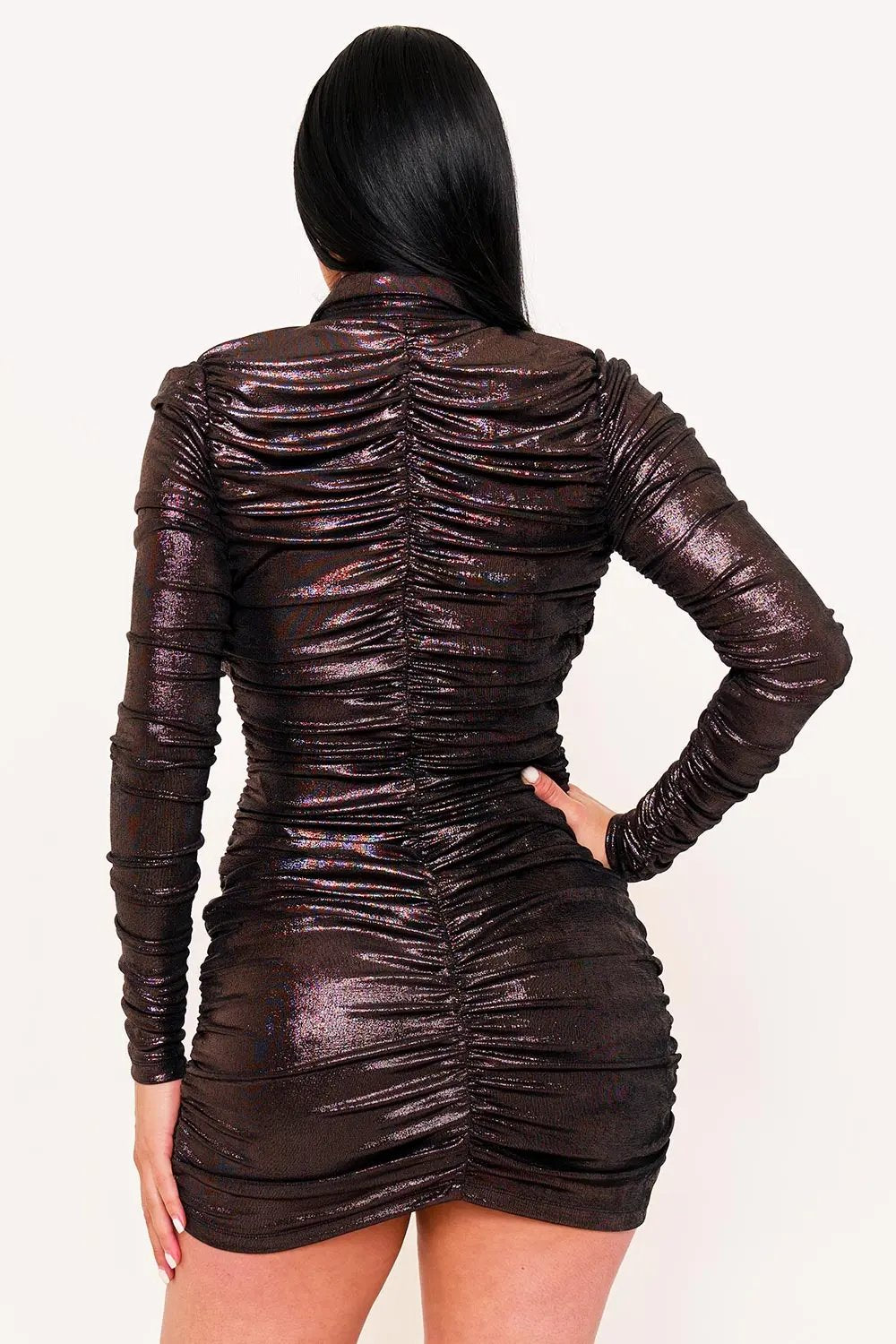 Slinky Foil Mini Dress – Pleated Deep V Neck, Long Sleeve BOUTINIE