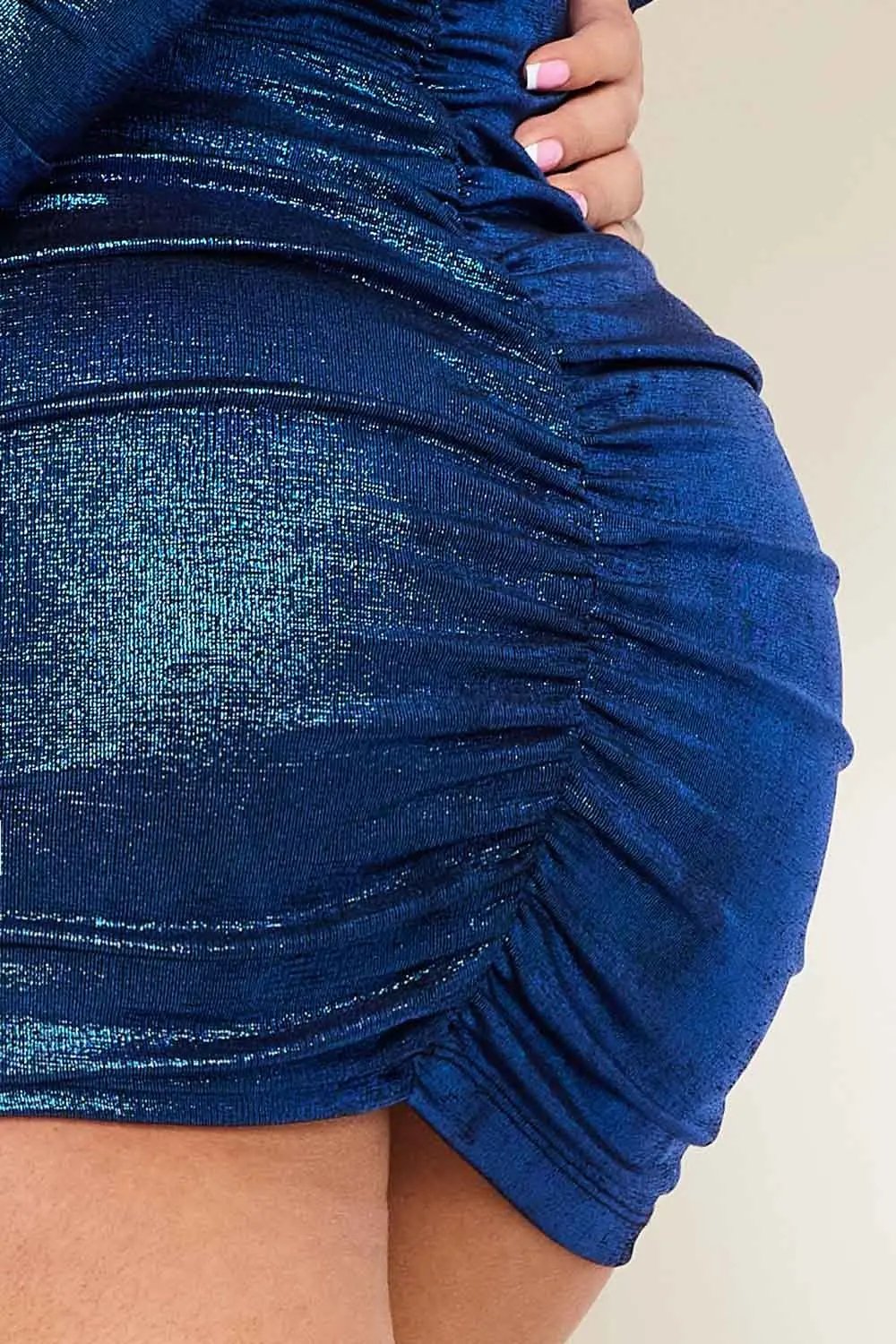 Slinky Foil Mini Dress – Pleated Deep V Neck, Long Sleeve BOUTINIE