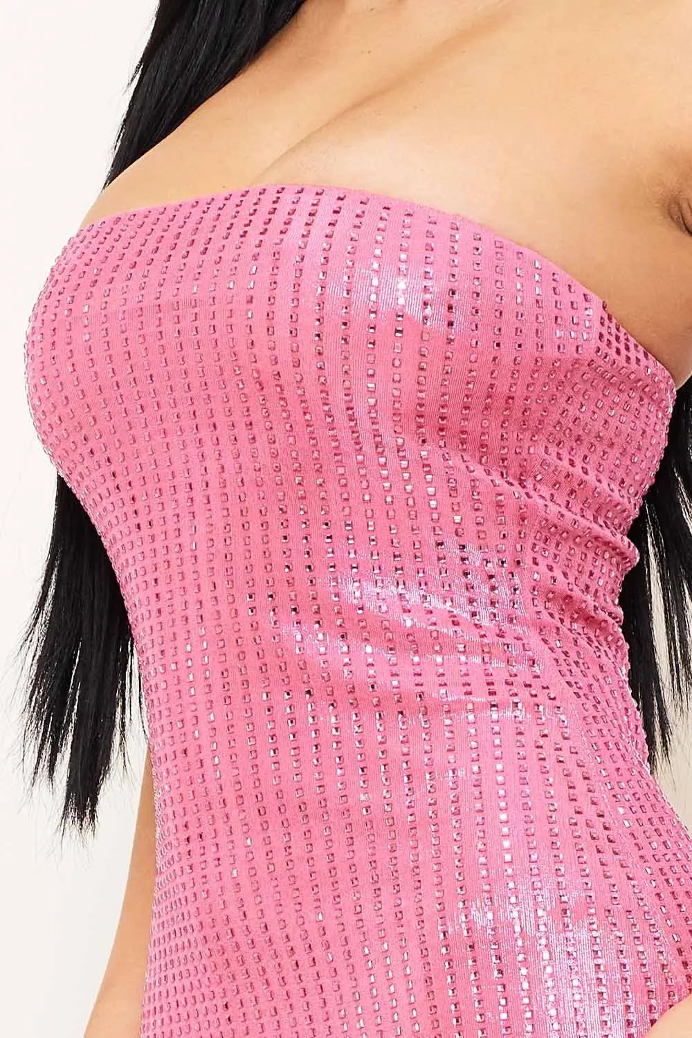 Rhinestone Mini Dress - Stretch Fabric Zipper Back Party Wear BOUTINIE