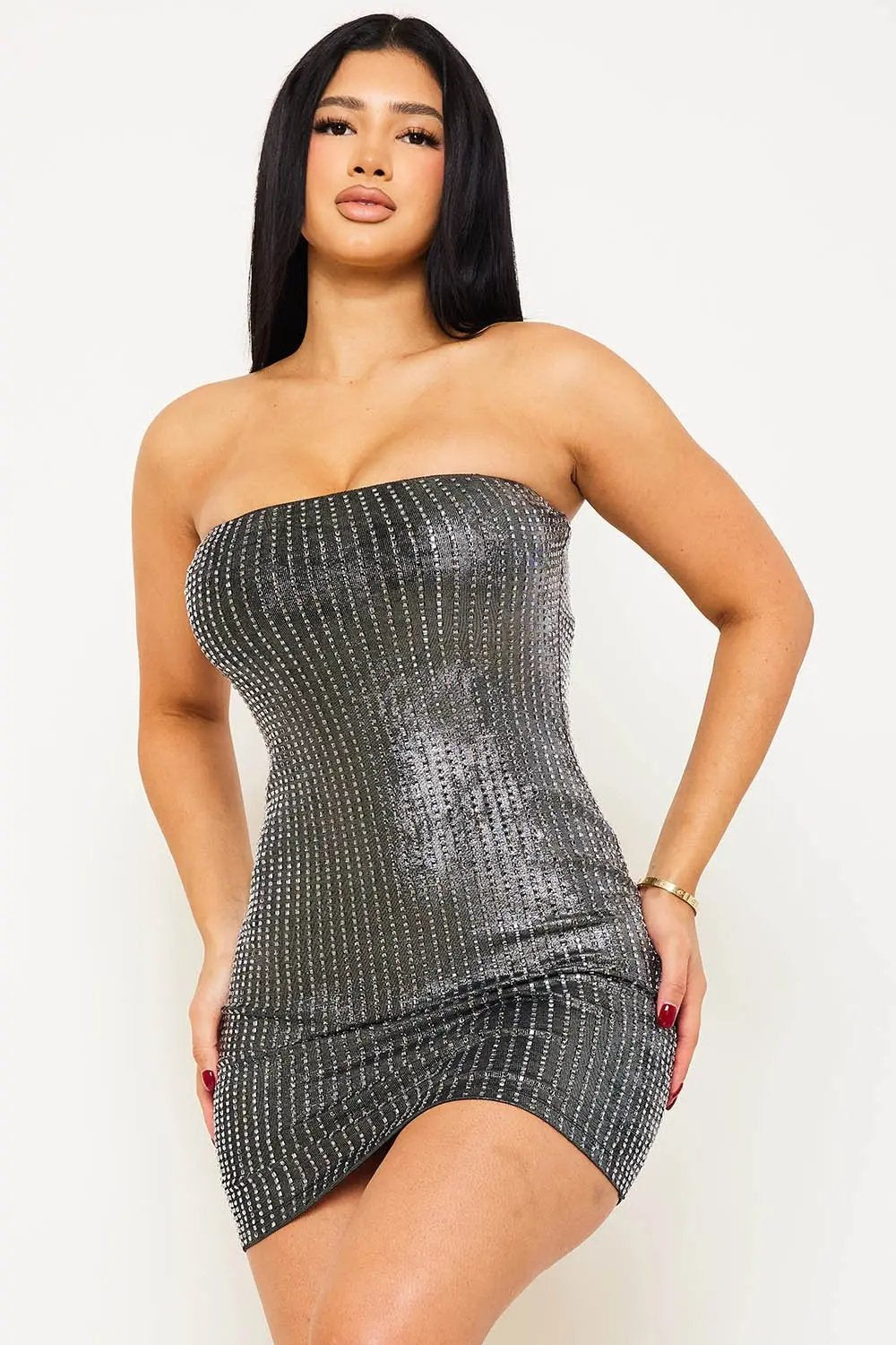 Rhinestone Mini Dress - Stretch Fabric Zipper Back Party Wear BOUTINIE