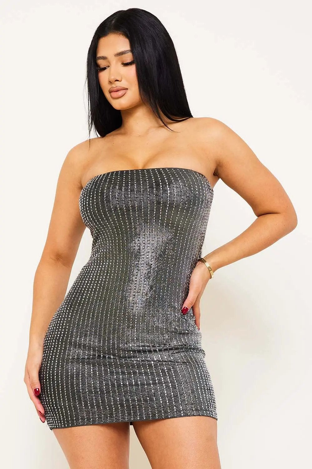Rhinestone Mini Dress - Stretch Fabric Zipper Back Party Wear BOUTINIE