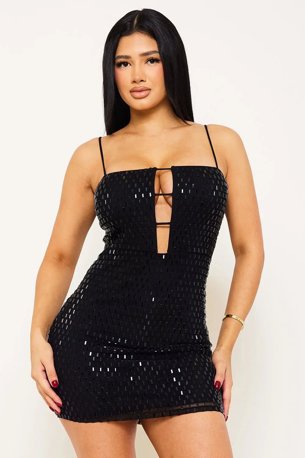 Power Mesh Mini Dress – Rhinestone Bodycon Zipper Strap BOUTINIE