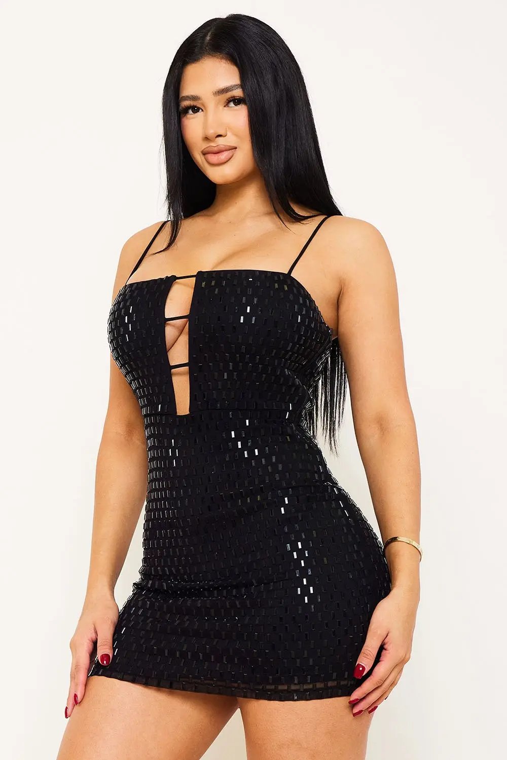 Power Mesh Mini Dress – Rhinestone Bodycon Zipper Strap BOUTINIE