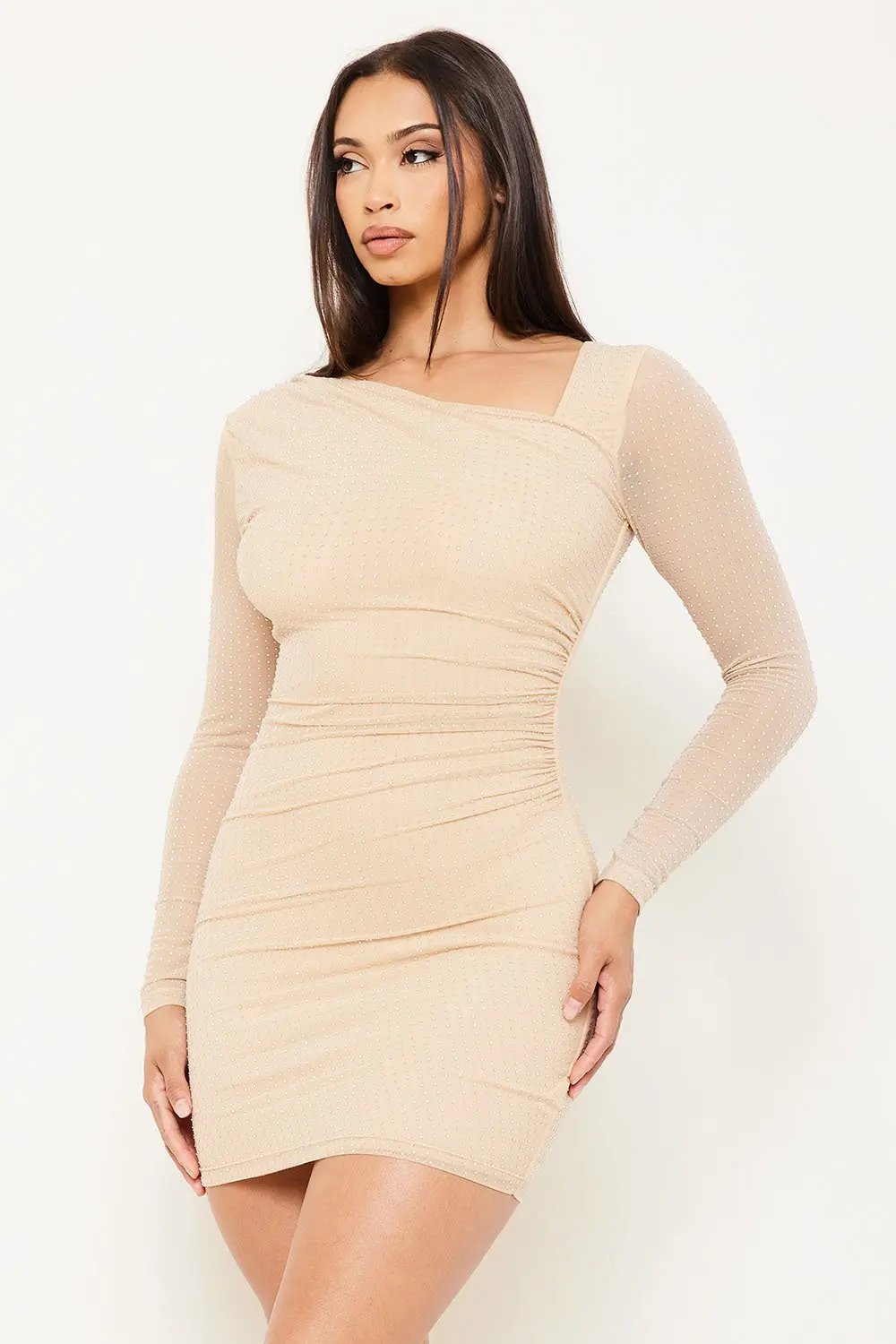 Rhinestone Mini Dress - Power Mesh Long Sleeve Party Wear BOUTINIE