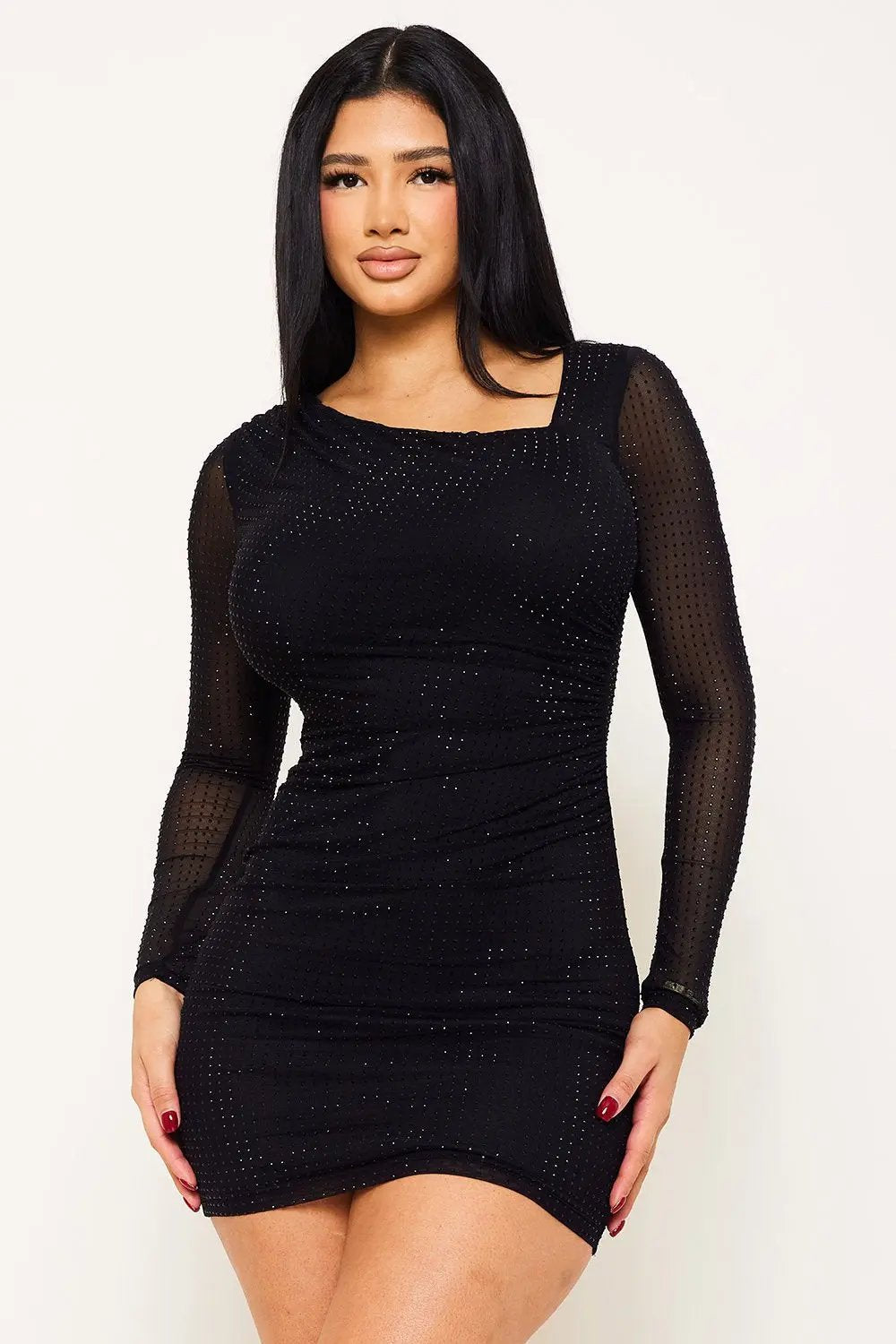 Rhinestone Mini Dress - Power Mesh Long Sleeve Party Wear BOUTINIE