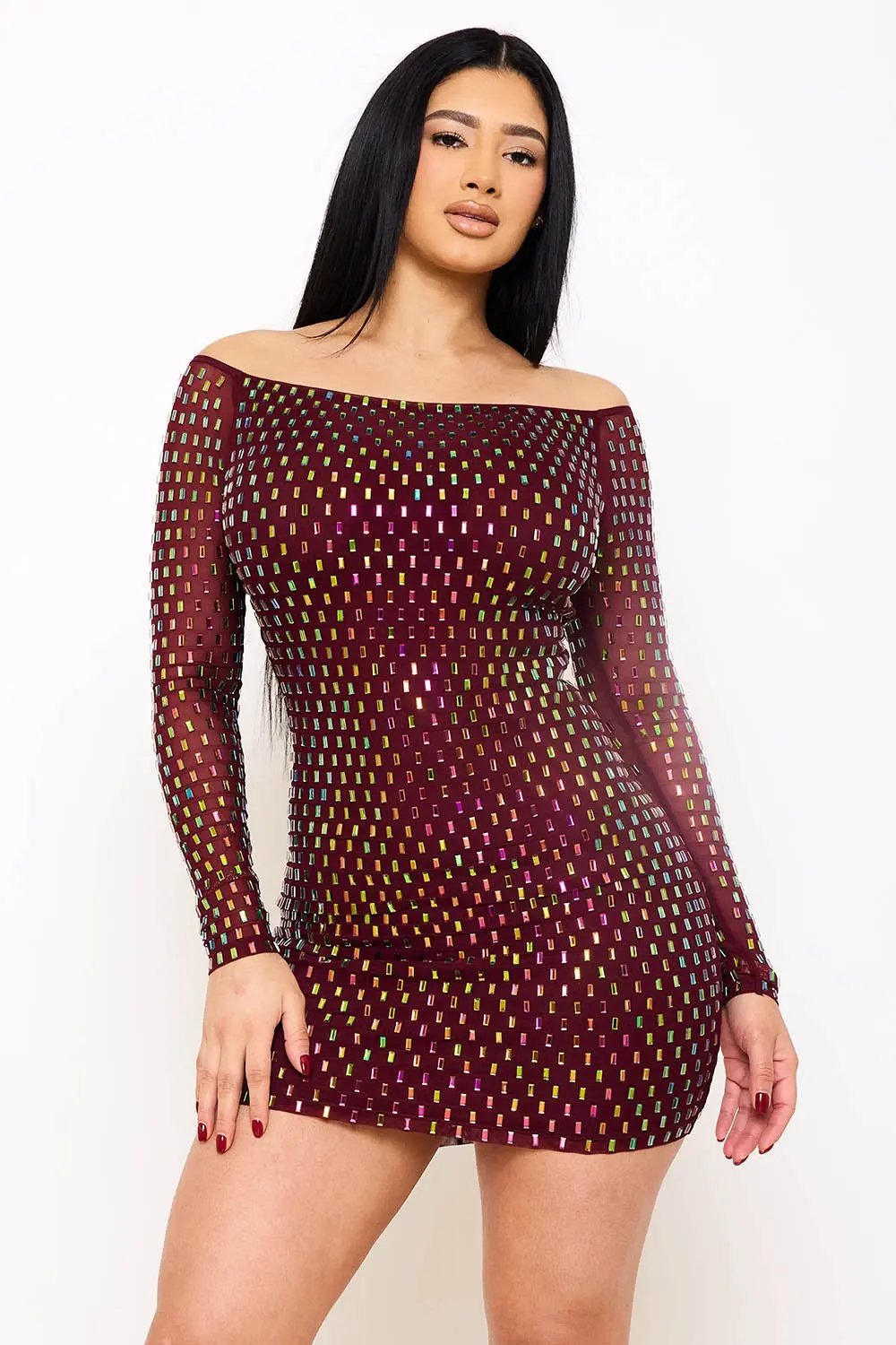 Off Shoulder Mini Dress – Rhinestone Power Mesh Zipper Back Bodycon BOUTINIE