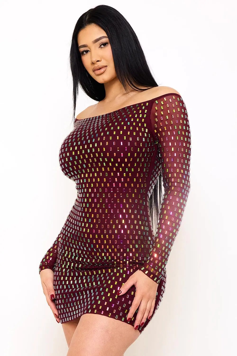 Off Shoulder Mini Dress – Rhinestone Power Mesh Zipper Back Bodycon BOUTINIE
