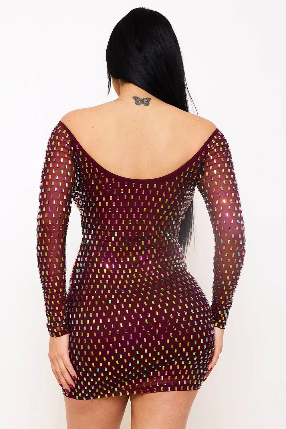 Off Shoulder Mini Dress – Rhinestone Power Mesh Zipper Back Bodycon BOUTINIE