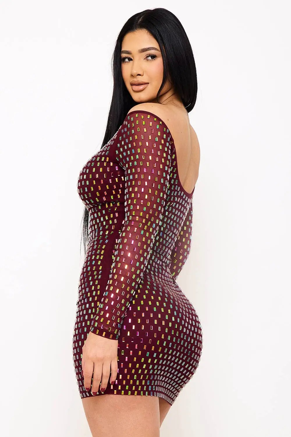 Off Shoulder Mini Dress – Rhinestone Power Mesh Zipper Back Bodycon BOUTINIE
