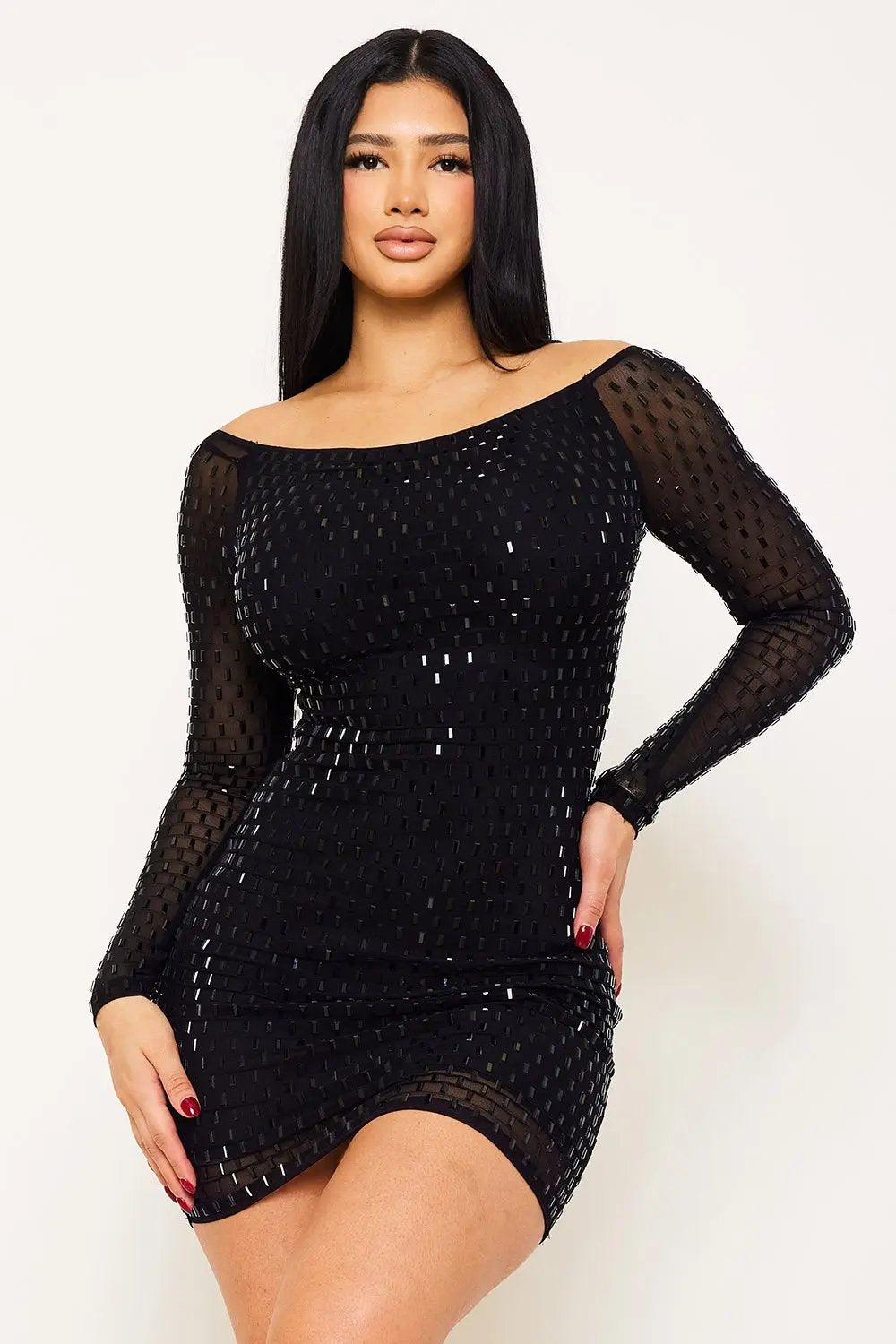 Off Shoulder Mini Dress – Rhinestone Power Mesh Zipper Back Bodycon BOUTINIE
