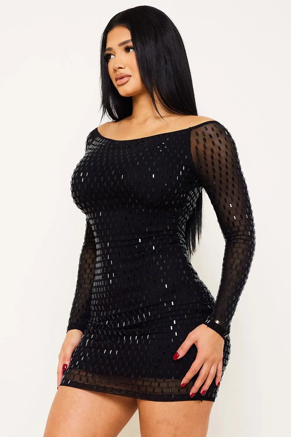 Off Shoulder Mini Dress – Rhinestone Power Mesh Zipper Back Bodycon BOUTINIE