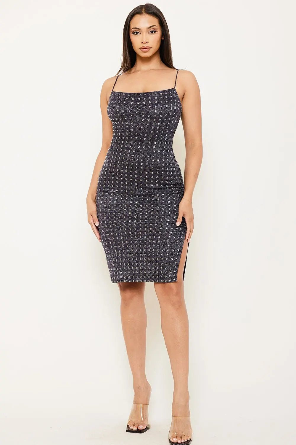 Shiny Knit Mini Dress - Square Neck With Rhinestone Detail BOUTINIE