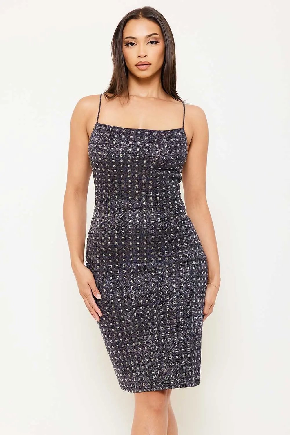 Shiny Knit Mini Dress - Square Neck With Rhinestone Detail BOUTINIE