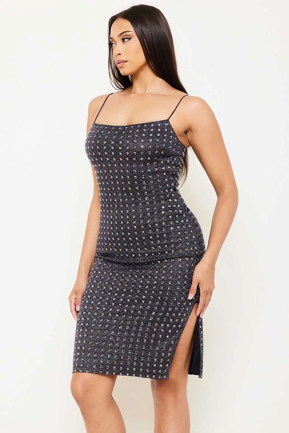 Shiny Knit Mini Dress - Square Neck With Rhinestone Detail BOUTINIE