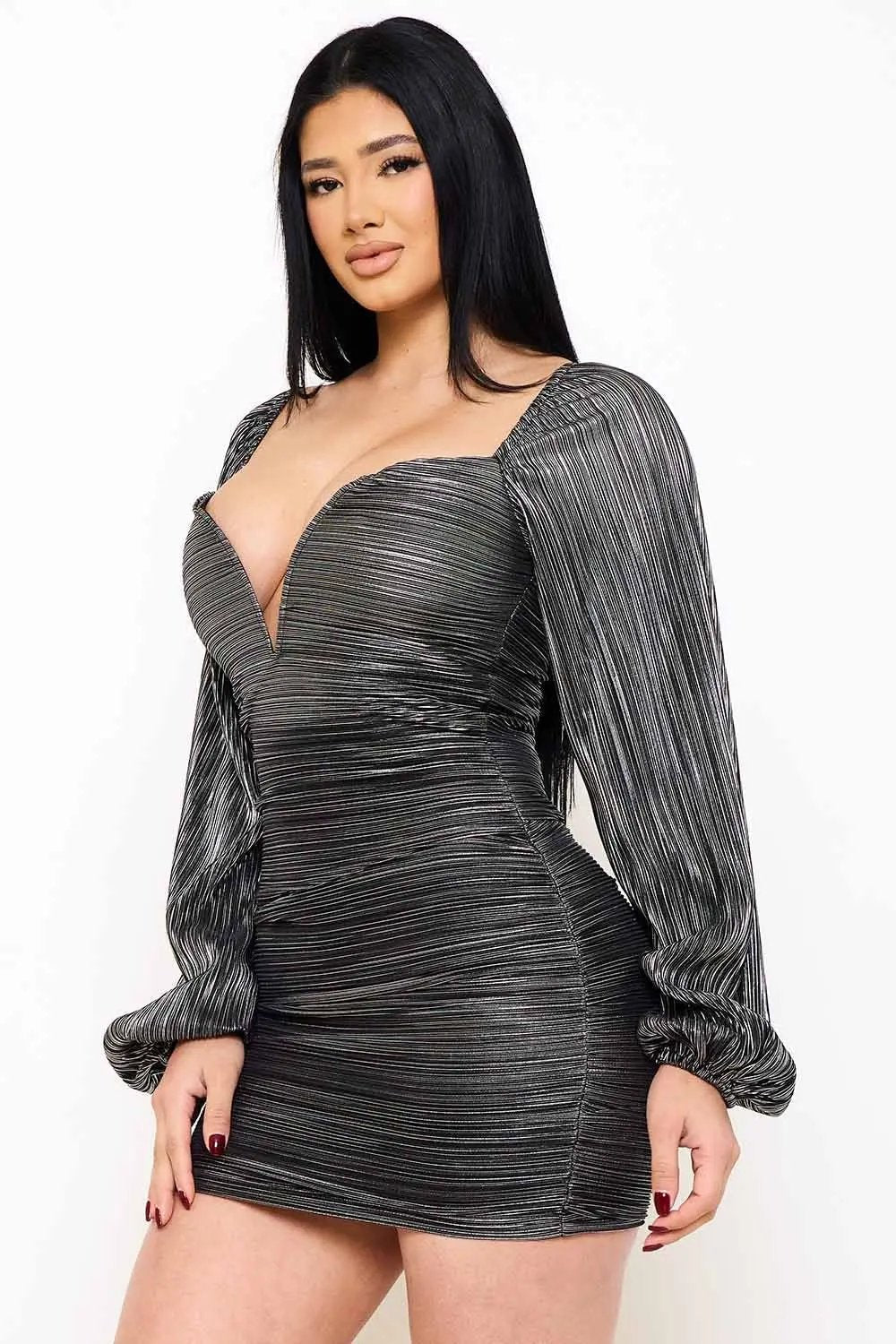 Foil Mini Dress - Balloon Sleeve, Pleated Side, Stretch Fabric BOUTINIE