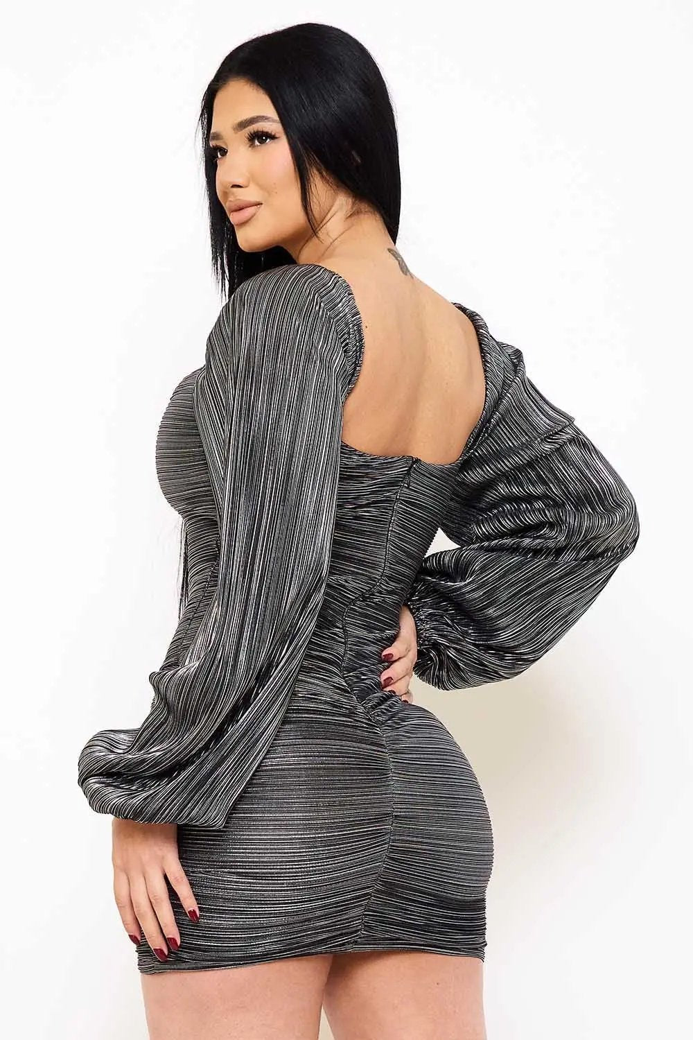 Foil Mini Dress - Balloon Sleeve, Pleated Side, Stretch Fabric BOUTINIE