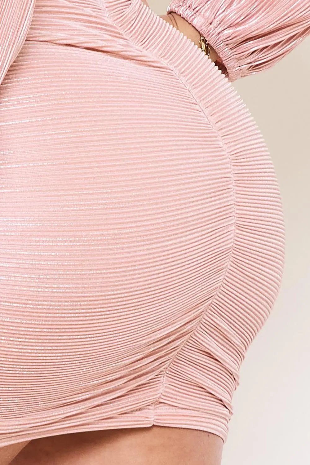 Foil Mini Dress - Balloon Sleeve, Pleated Side, Stretch Fabric BOUTINIE