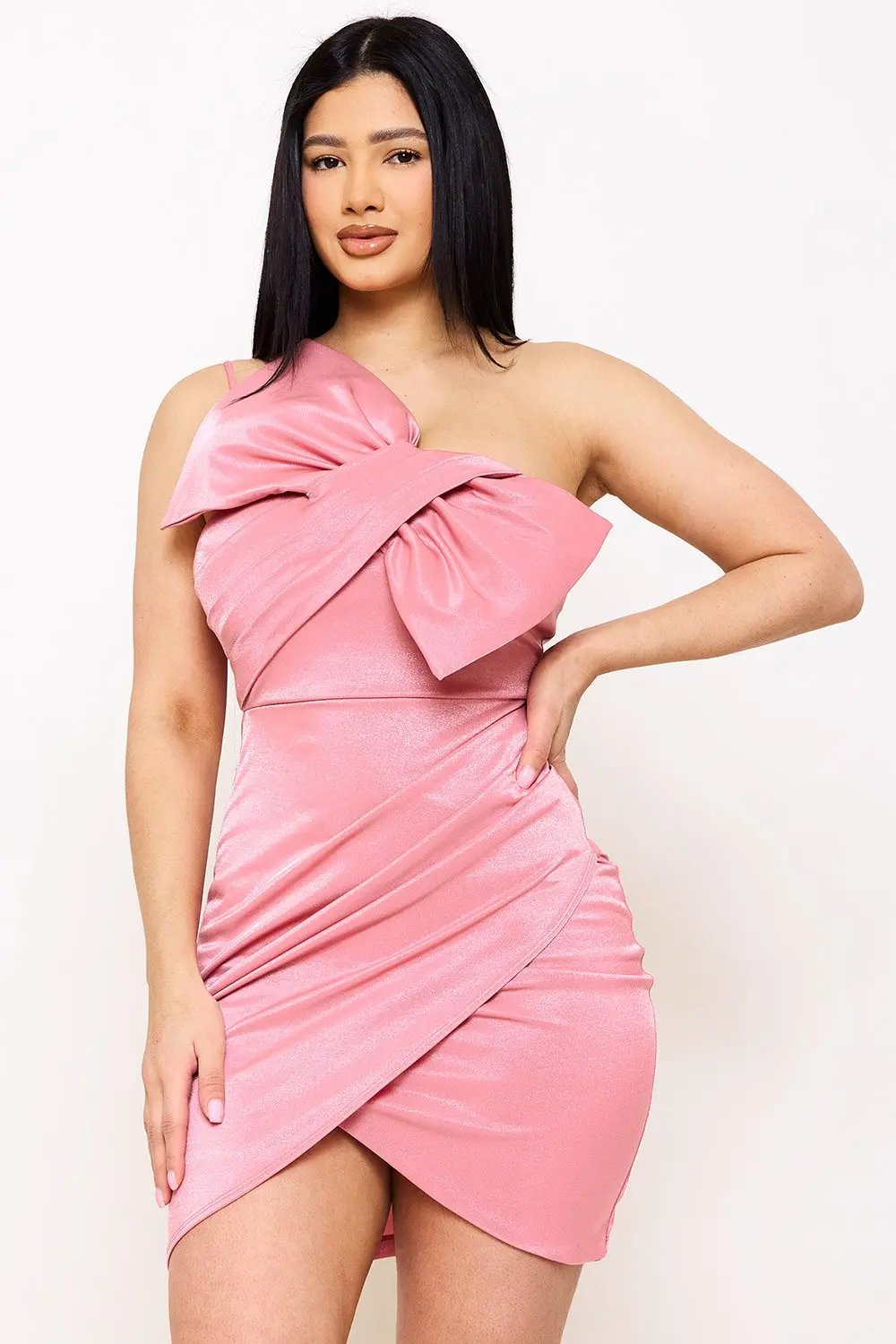 Metallic Mini Dress With Bow Front & One Shoulder Strap BOUTINIE
