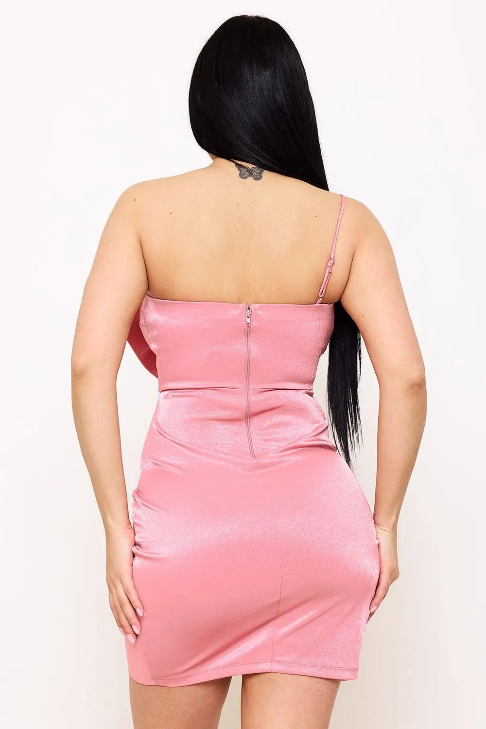 Metallic Mini Dress With Bow Front & One Shoulder Strap BOUTINIE