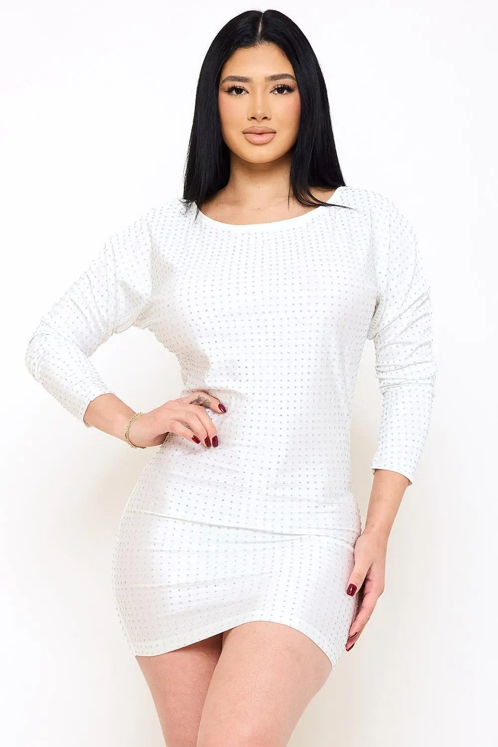 Rhinestone Mini Dress - Ribbed Fabric Dolman Sleeve Party Dress BOUTINIE