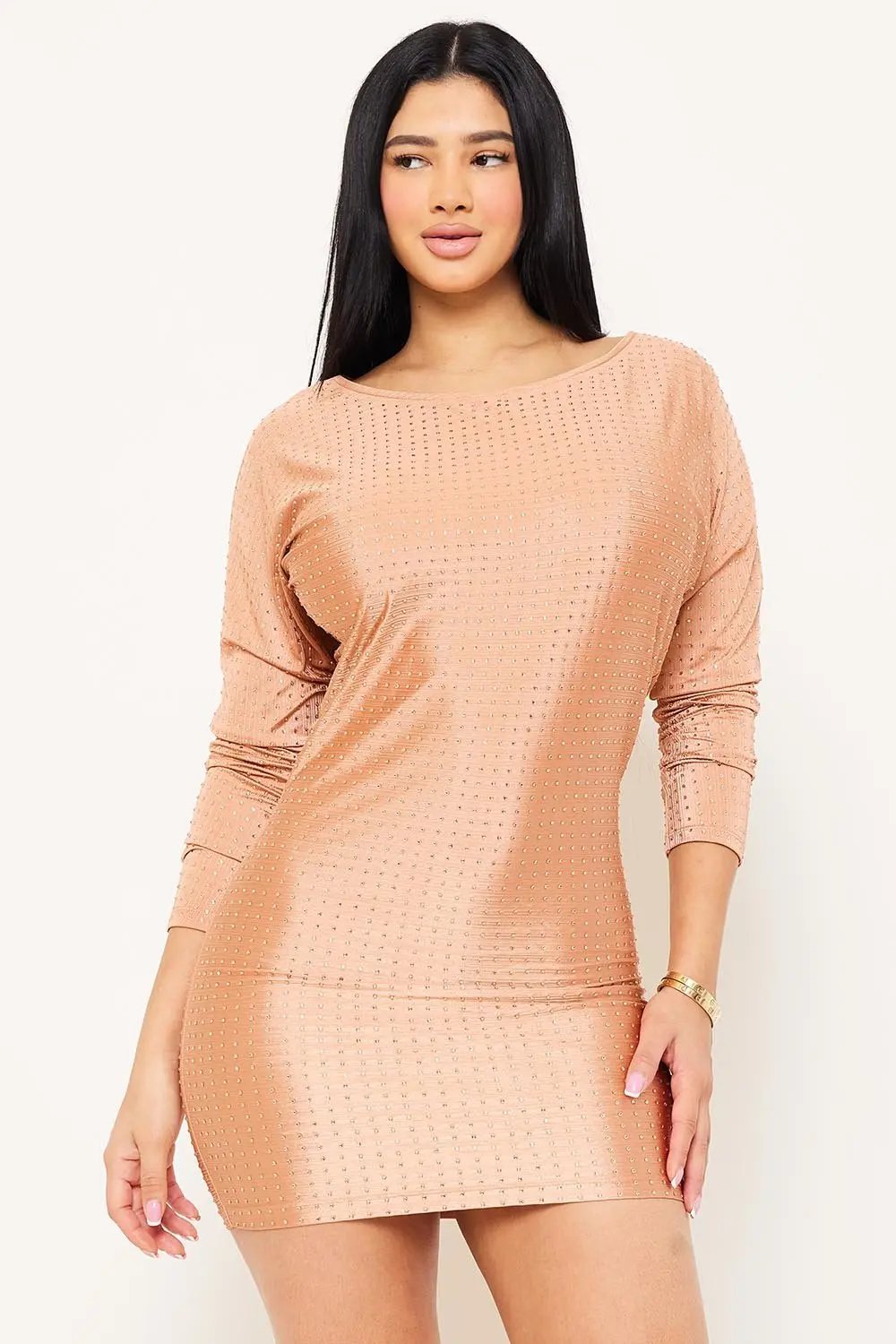 Rhinestone Mini Dress - Ribbed Fabric Dolman Sleeve Party Dress BOUTINIE