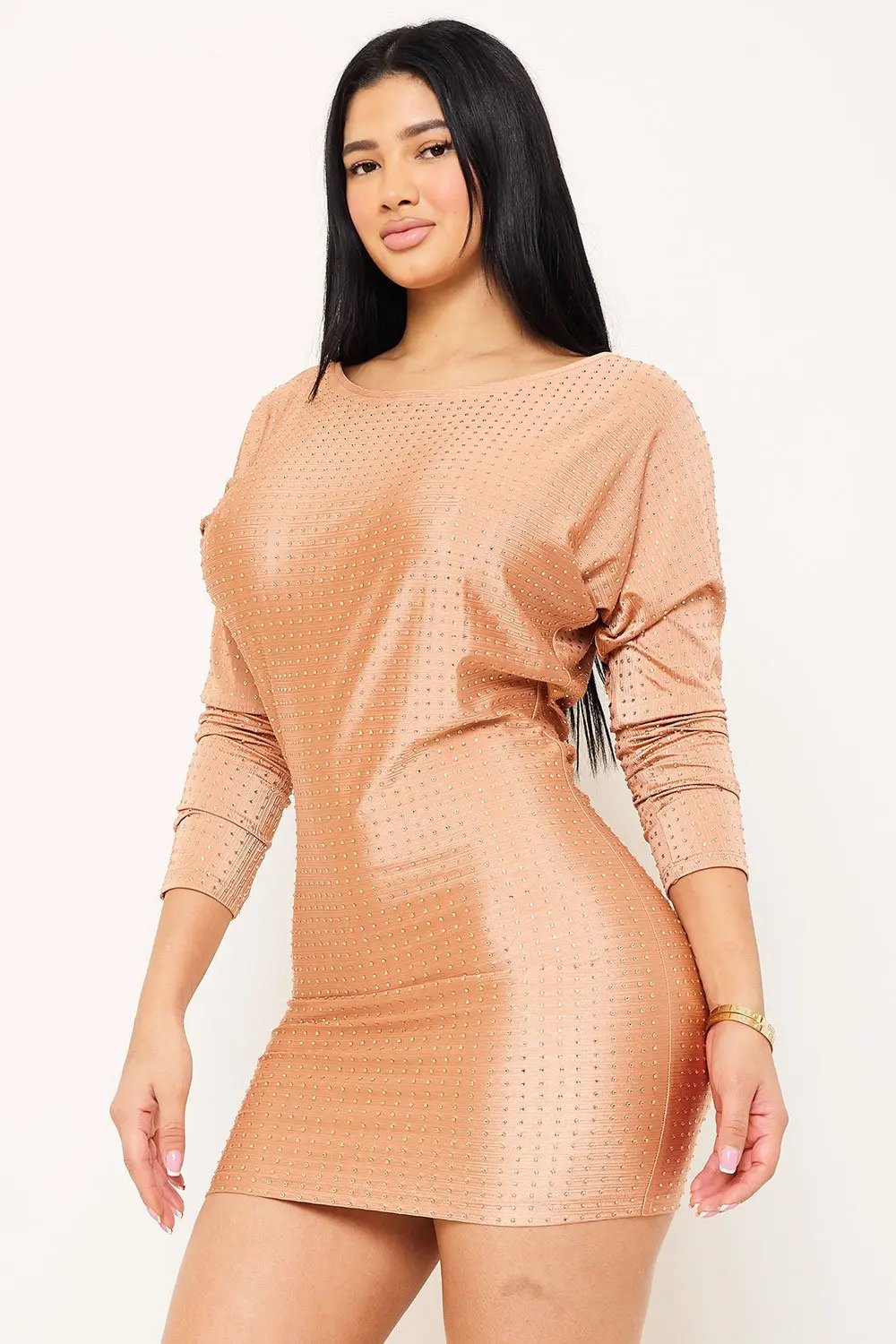 Rhinestone Mini Dress - Ribbed Fabric Dolman Sleeve Party Dress BOUTINIE