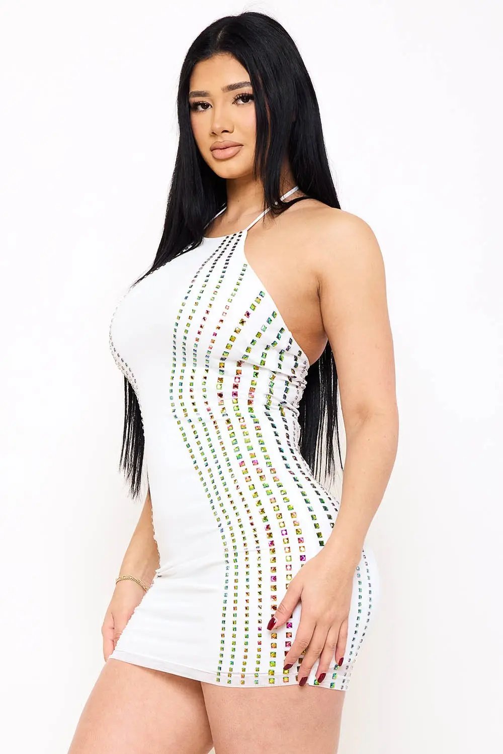 Power Mesh Mini Dress | Rhinestone Halter Neck Zipper Back BOUTINIE