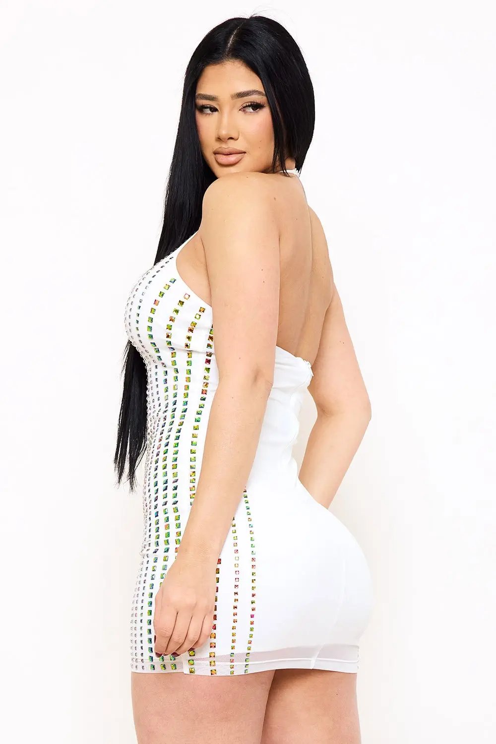 Power Mesh Mini Dress | Rhinestone Halter Neck Zipper Back BOUTINIE