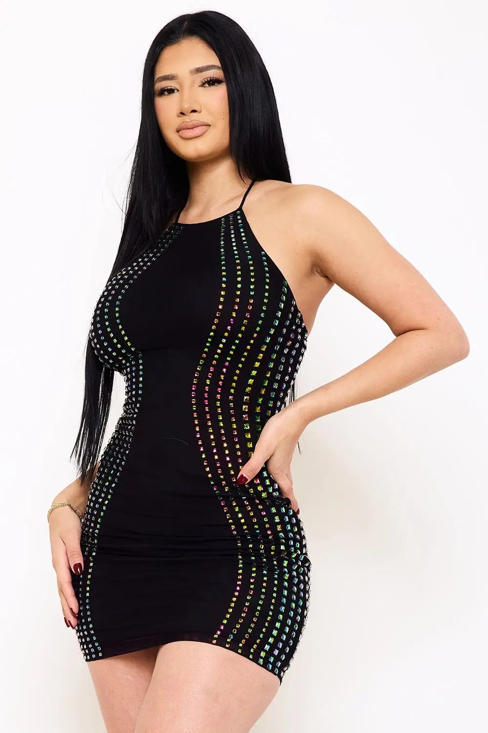 Power Mesh Mini Dress | Rhinestone Halter Neck Zipper Back BOUTINIE