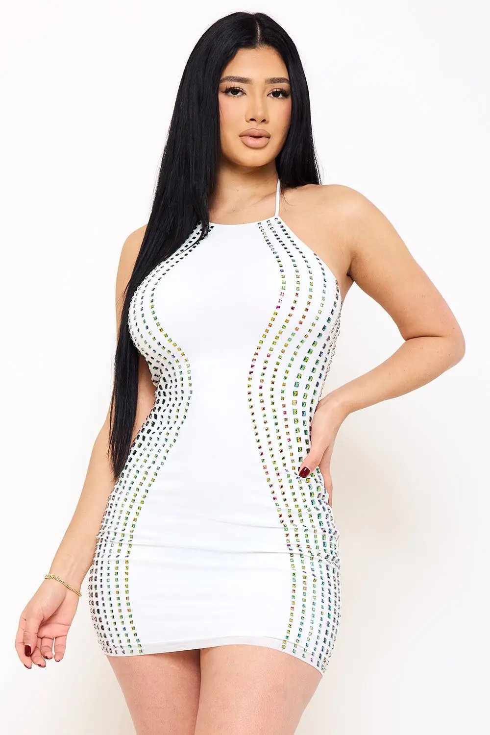 Power Mesh Mini Dress | Rhinestone Halter Neck Zipper Back BOUTINIE