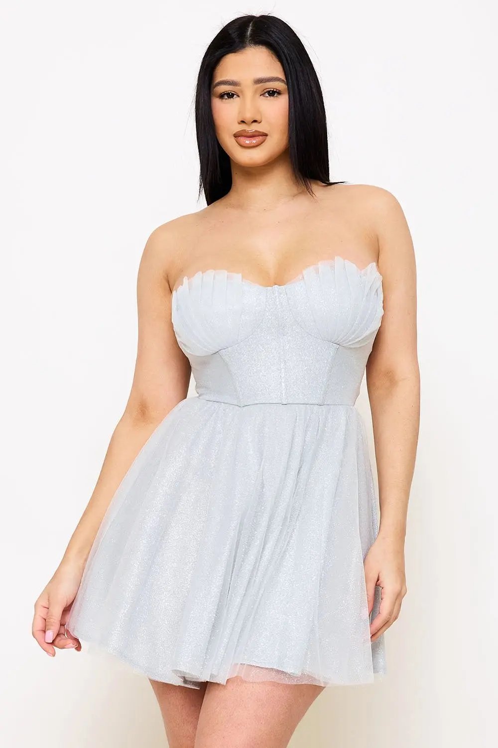 Glitter Mesh Mini Dress – Pleated A-Line Skirt With Structured Top BOUTINIE
