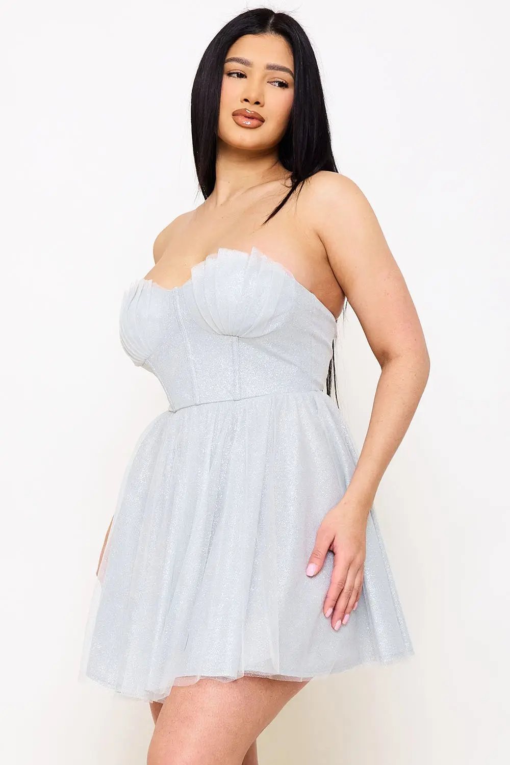 Glitter Mesh Mini Dress – Pleated A-Line Skirt With Structured Top BOUTINIE