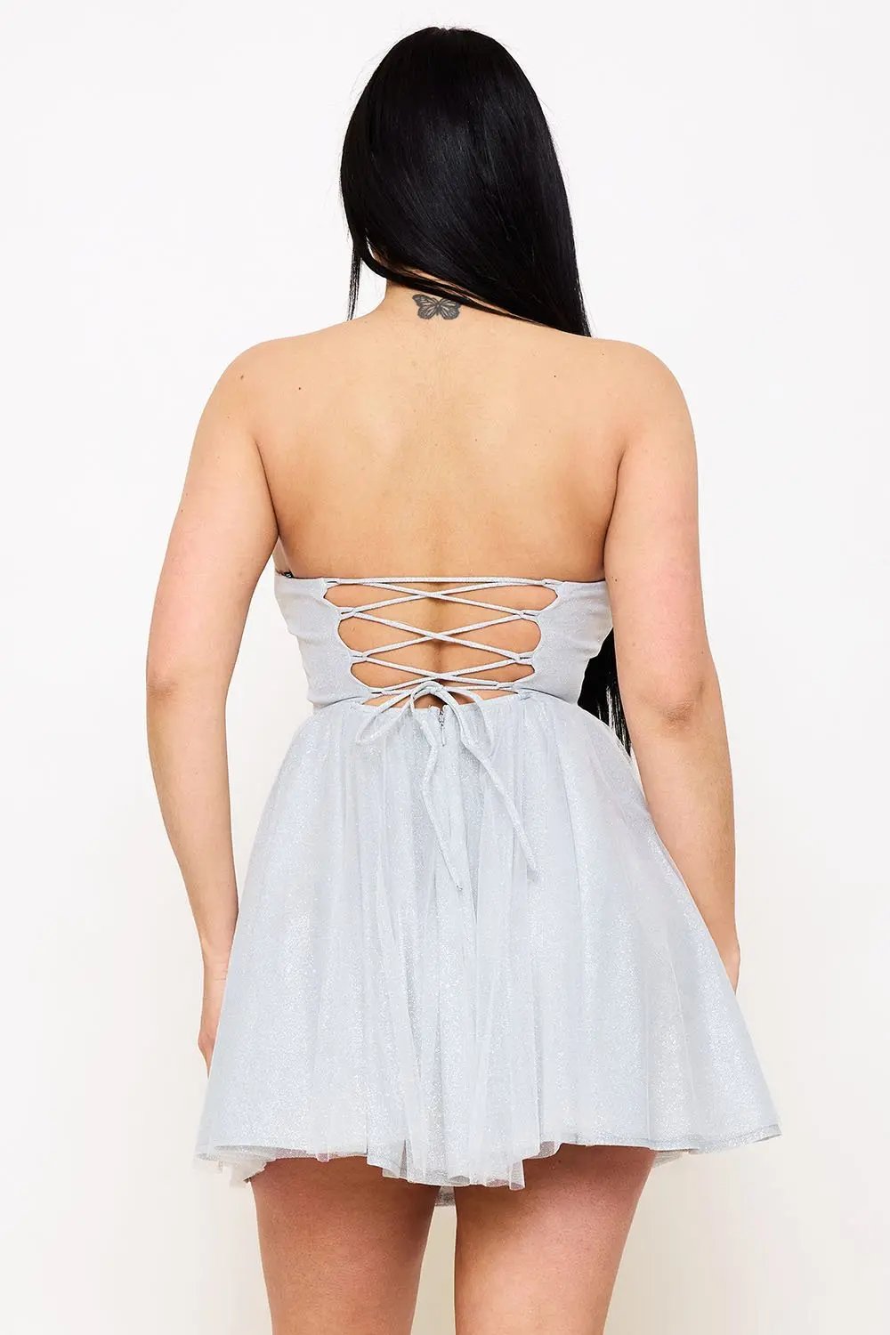 Glitter Mesh Mini Dress – Pleated A-Line Skirt With Structured Top BOUTINIE