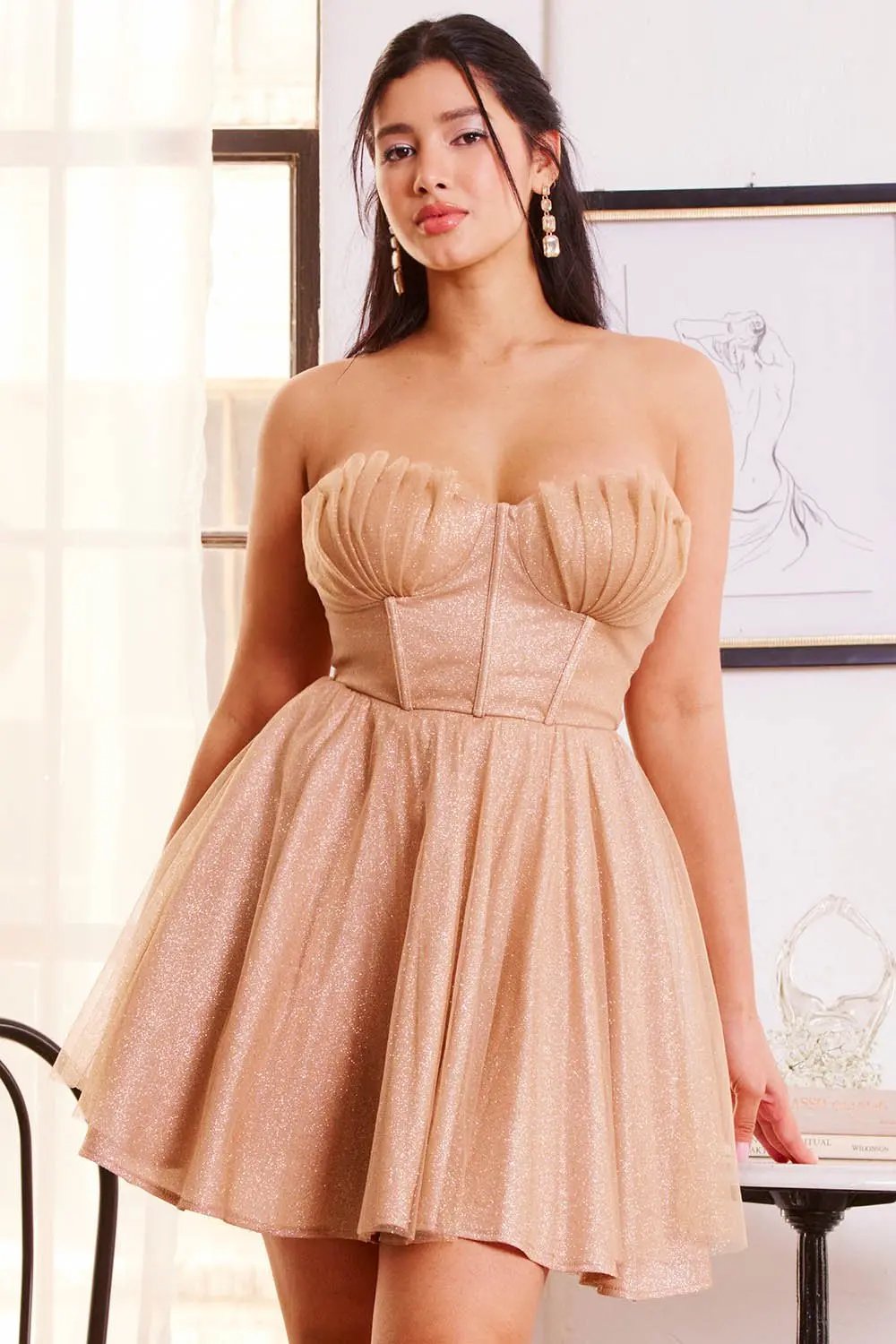 Glitter Mesh Mini Dress – Pleated A-Line Skirt With Structured Top BOUTINIE