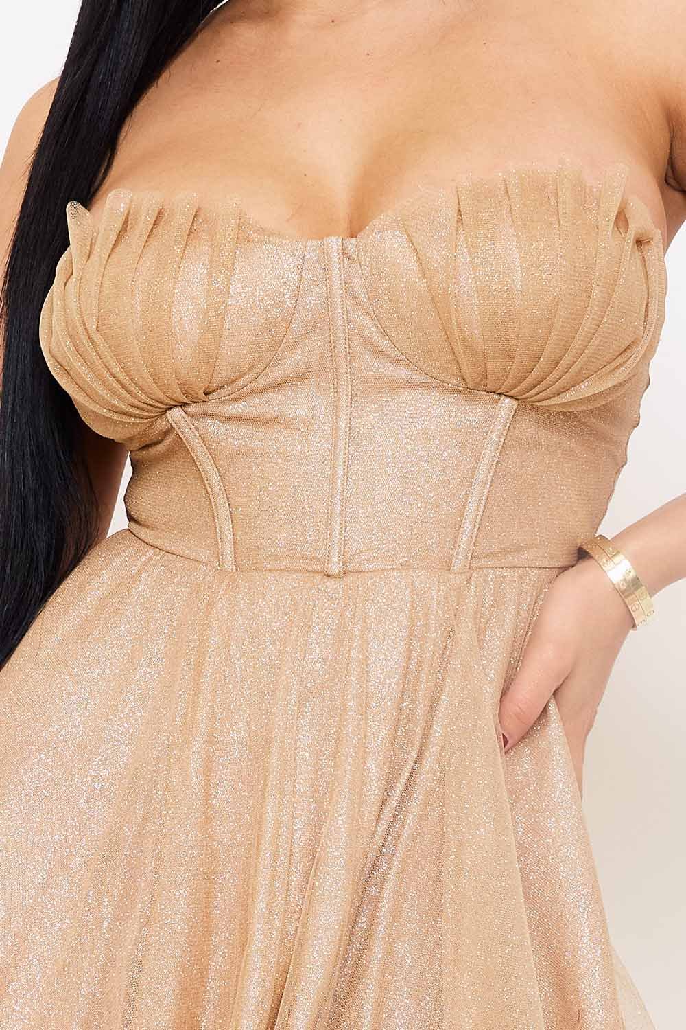 Glitter Mesh Mini Dress – Pleated A-Line Skirt With Structured Top BOUTINIE