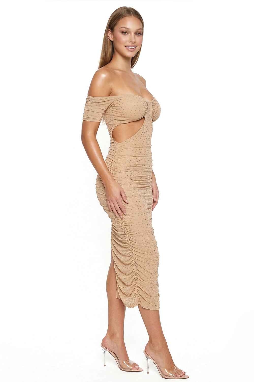 Rhinestone Off The Shoulder Power Mesh Pleated Maxi Dress