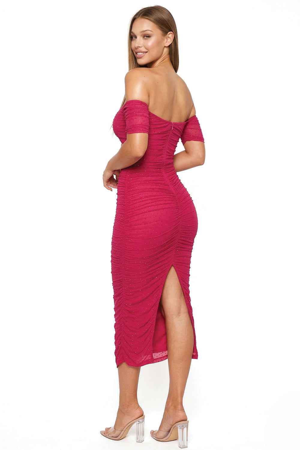 Rhinestone Off The Shoulder Power Mesh Pleated Maxi Dress