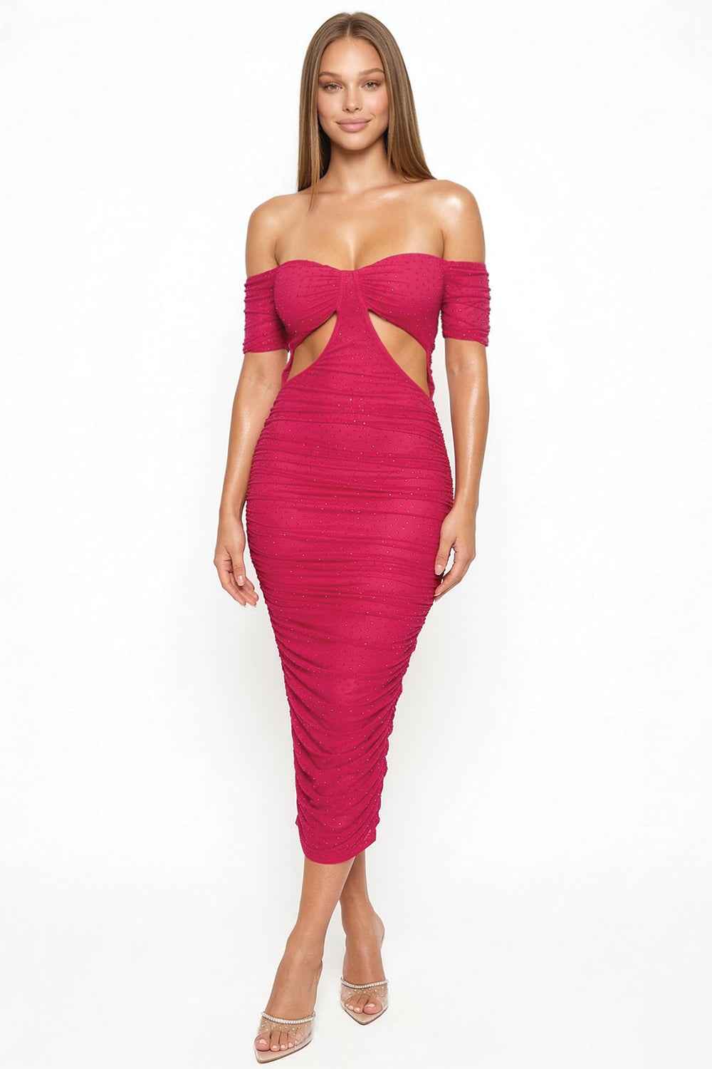 Rhinestone Off The Shoulder Power Mesh Pleated Maxi Dress