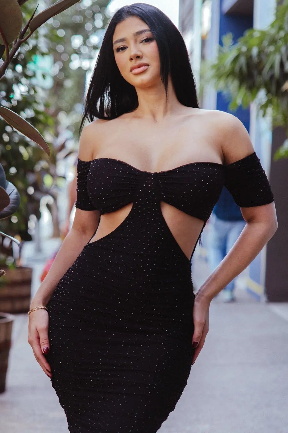 Off Shoulder Maxi Dress - Rhinestone Pleated Power Mesh Gown With Slit BOUTINIE