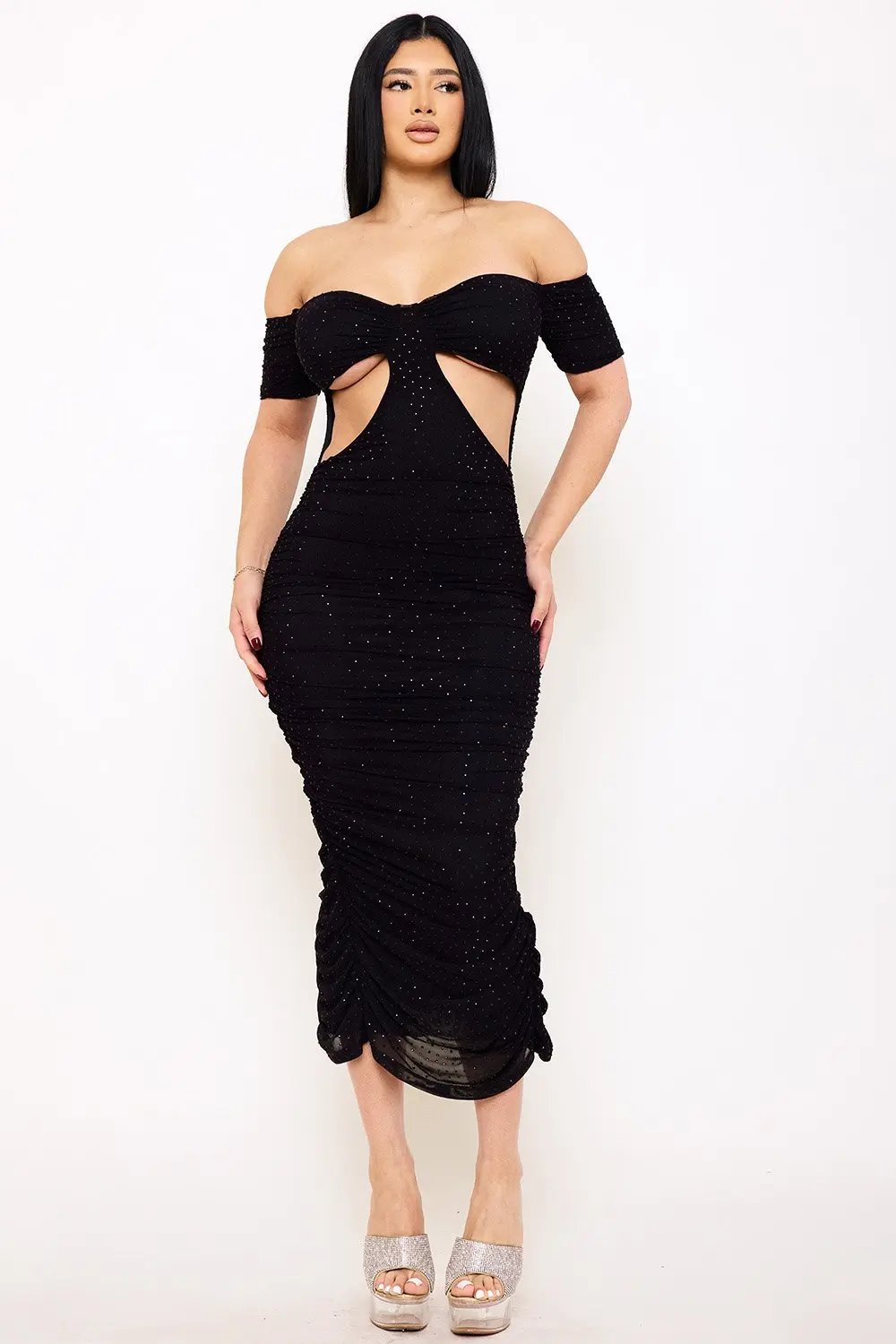 Off Shoulder Maxi Dress - Rhinestone Pleated Power Mesh Gown With Slit BOUTINIE