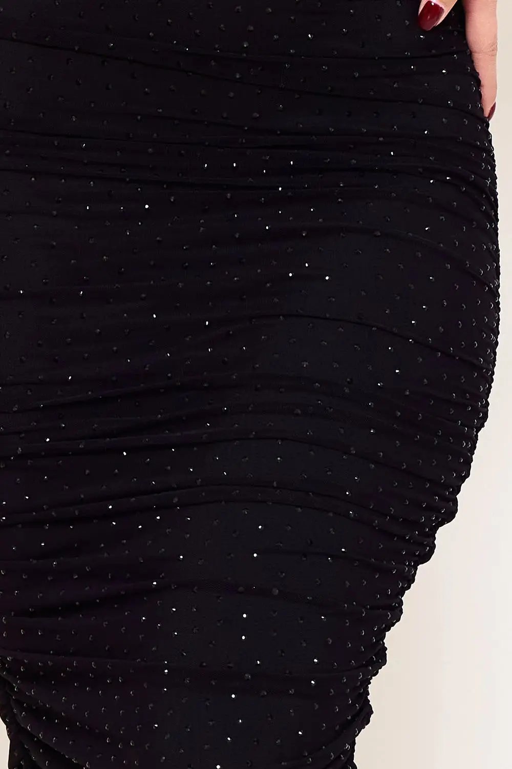 Off Shoulder Maxi Dress - Rhinestone Pleated Power Mesh Gown With Slit BOUTINIE