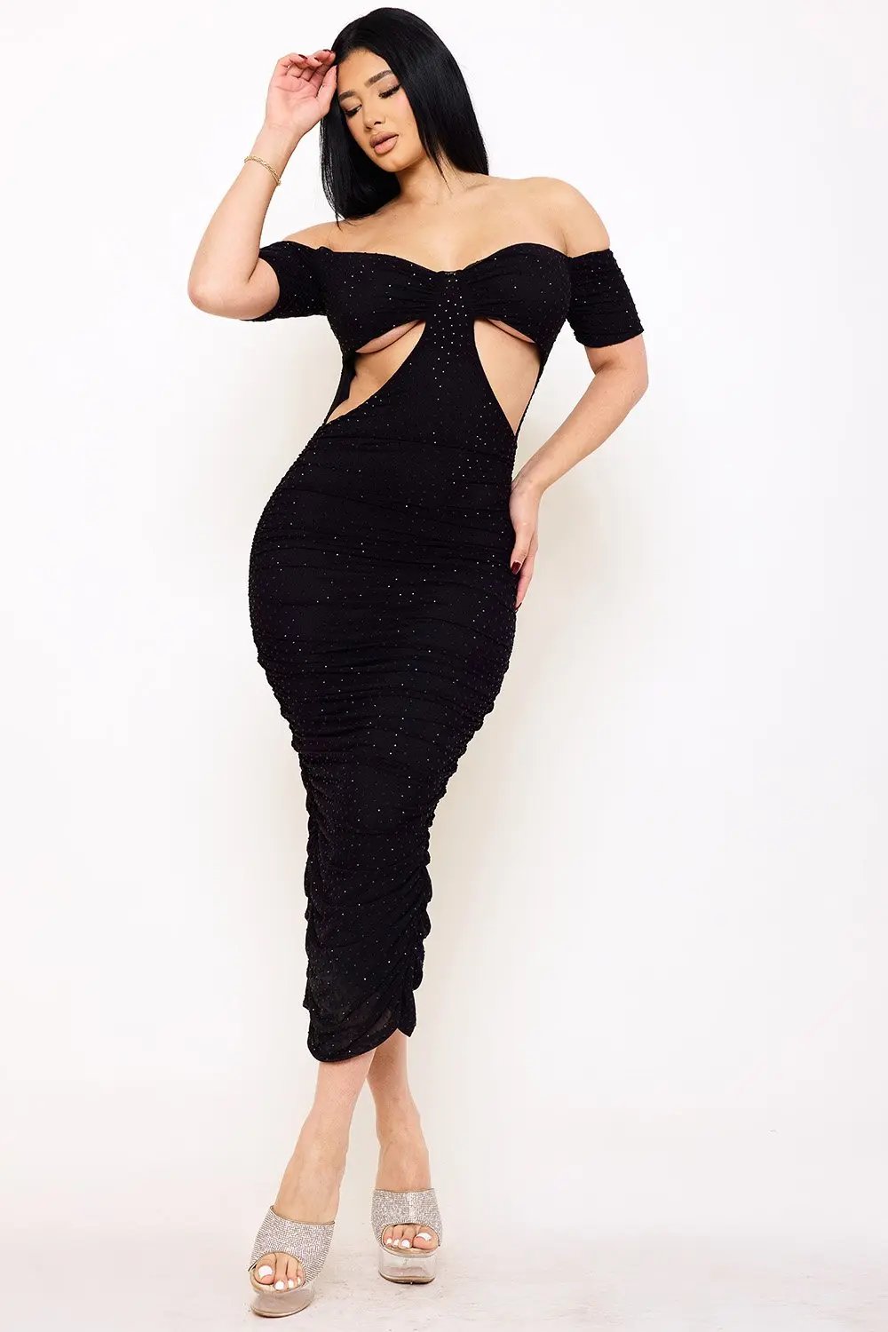 Off Shoulder Maxi Dress - Rhinestone Pleated Power Mesh Gown With Slit BOUTINIE