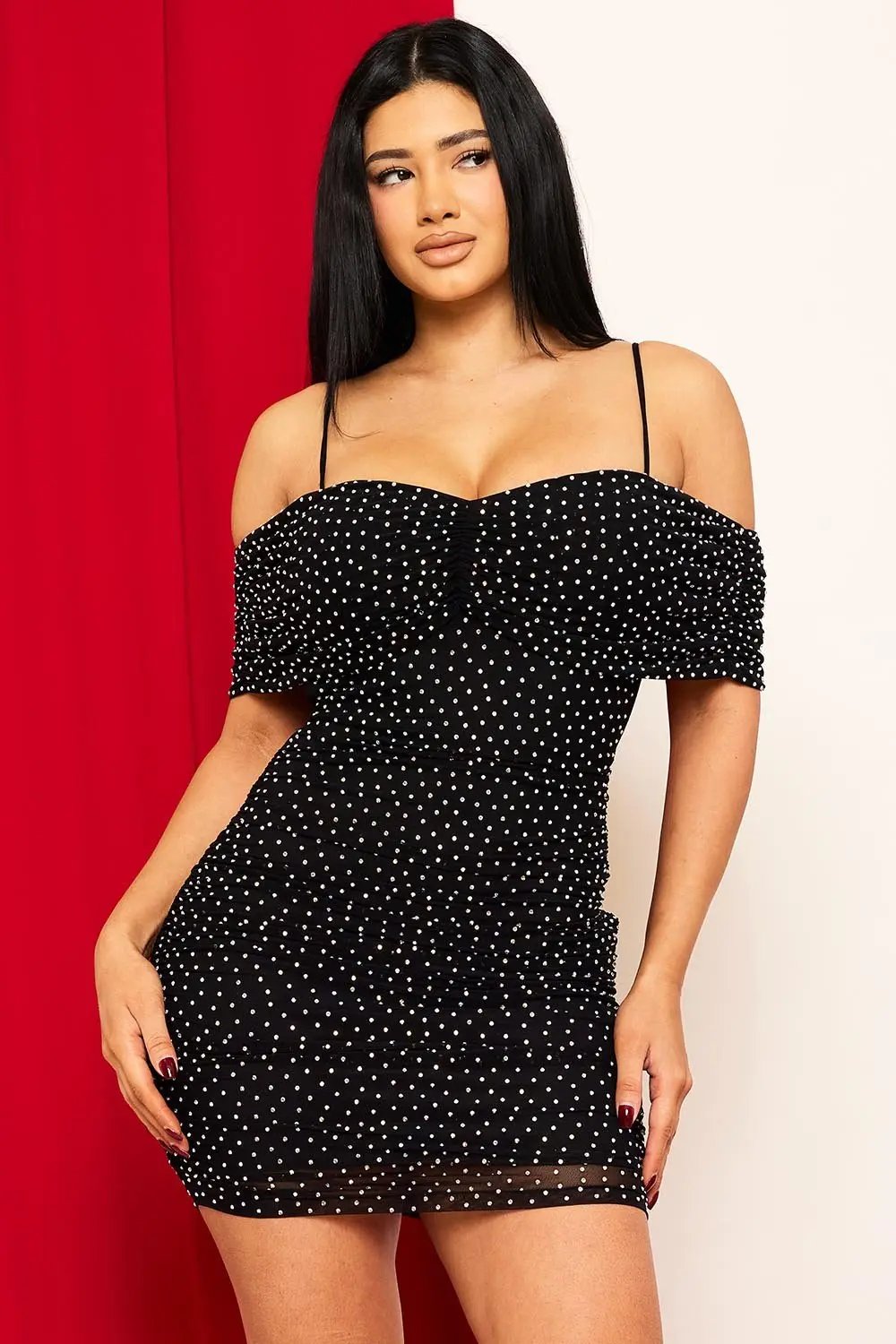 Rhinestone Mini Dress - Power Mesh Pleated Skirt With Adjustable Strap BOUTINIE