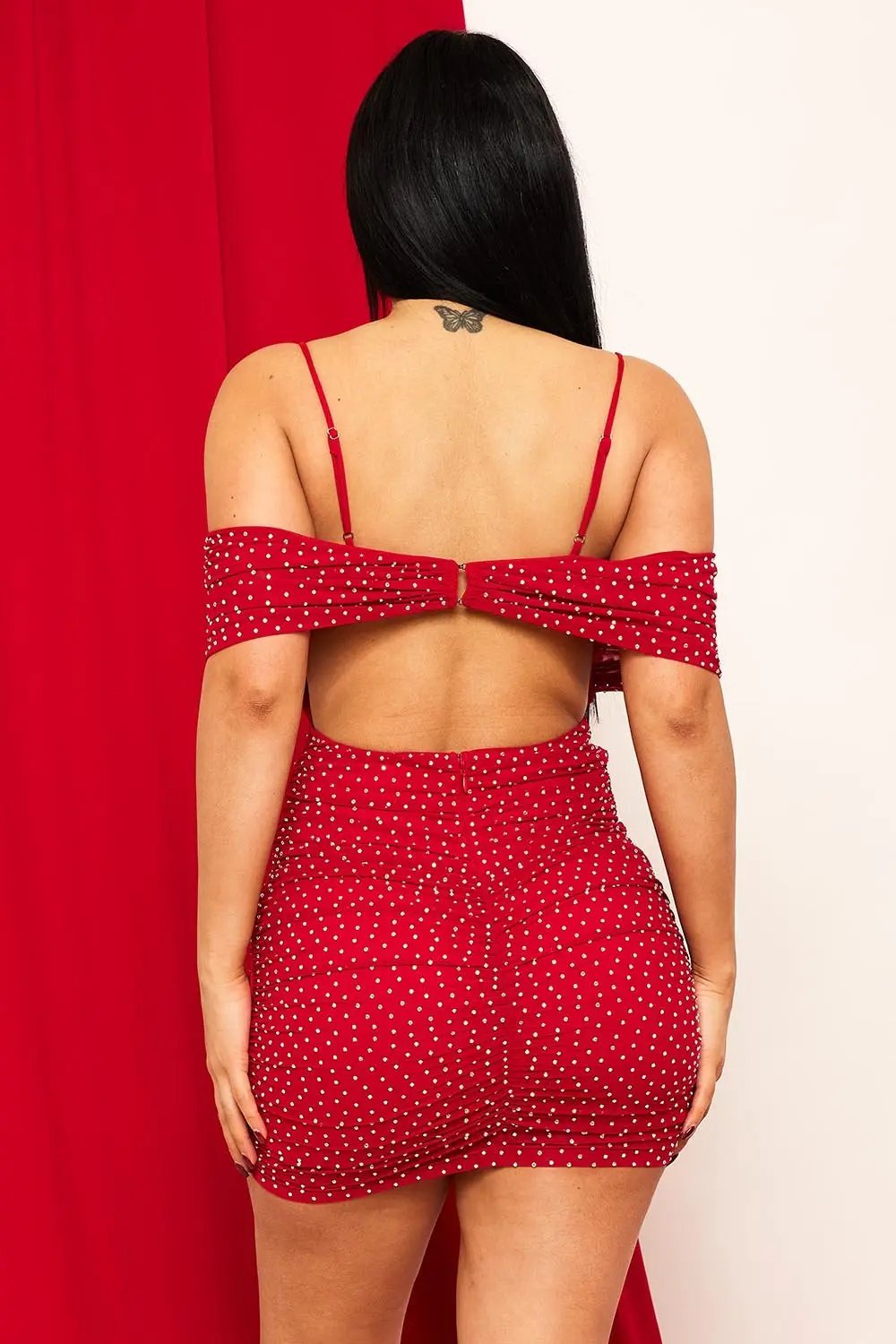 Rhinestone Mini Dress - Power Mesh Pleated Skirt With Adjustable Strap BOUTINIE