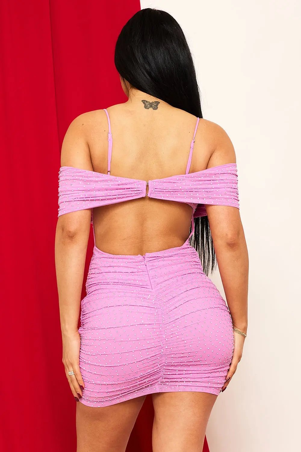 Rhinestone Mini Dress - Power Mesh Pleated Skirt With Adjustable Strap BOUTINIE