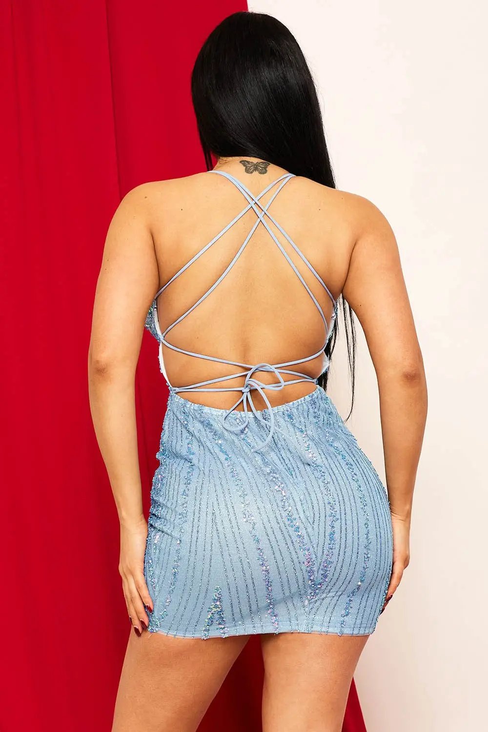 Glitter Sequin Mini Dress - Mesh Double Shoulder Strap Open Back BOUTINIE