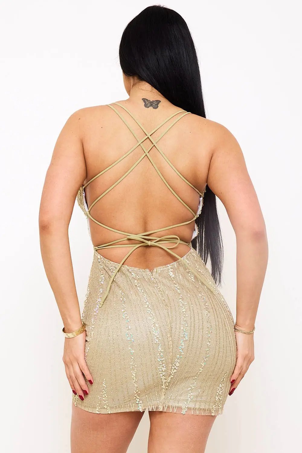 Glitter Sequin Mini Dress - Mesh Double Shoulder Strap Open Back BOUTINIE