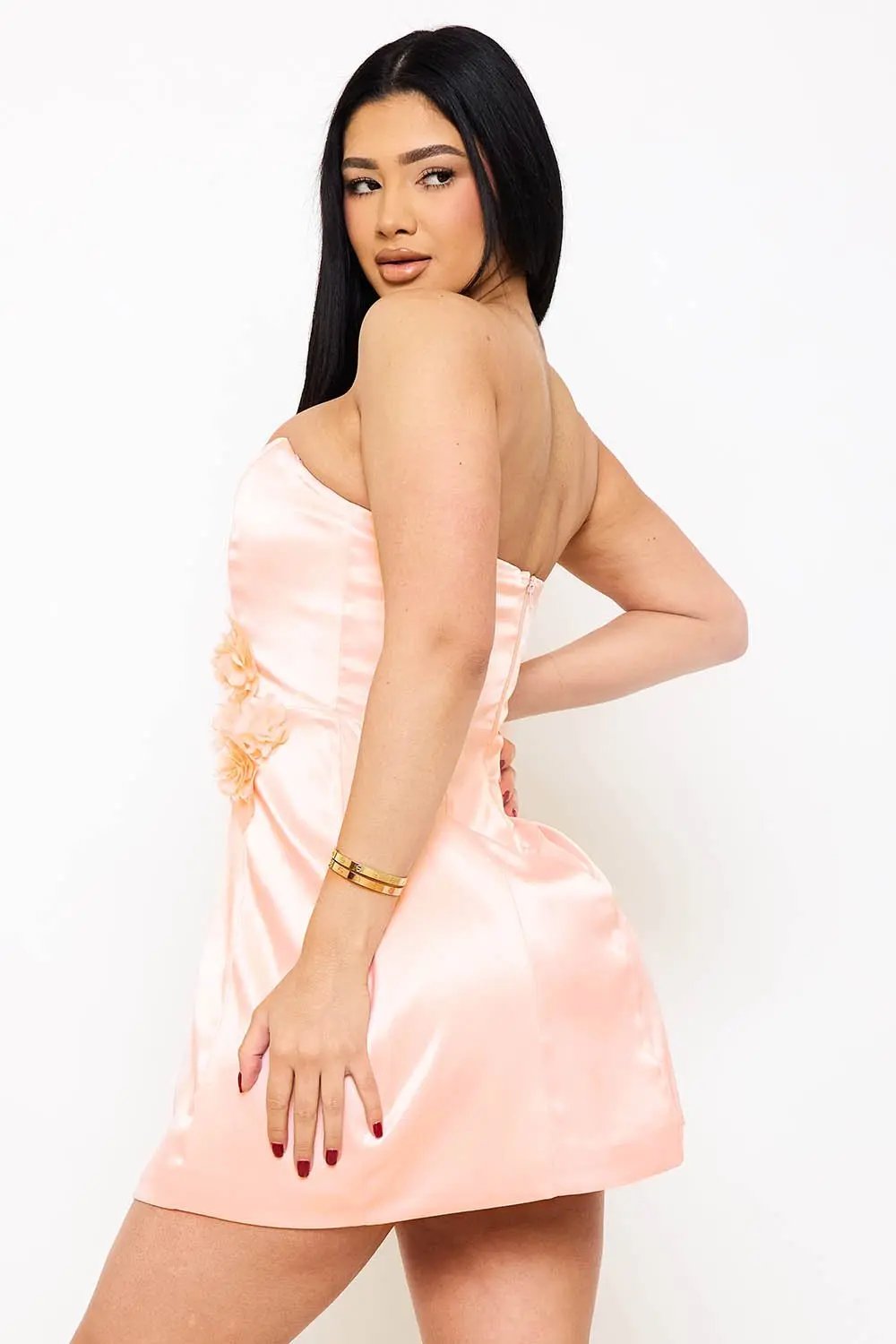 Satin Lace Mini Dress | Structured Tube Top Zipper Back BOUTINIE